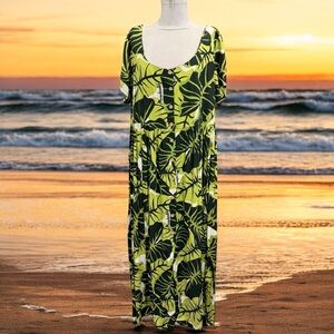 Vintage Manuhealii Hawaiian Floral Print Maxi Button Front Dress 2XL Green READ